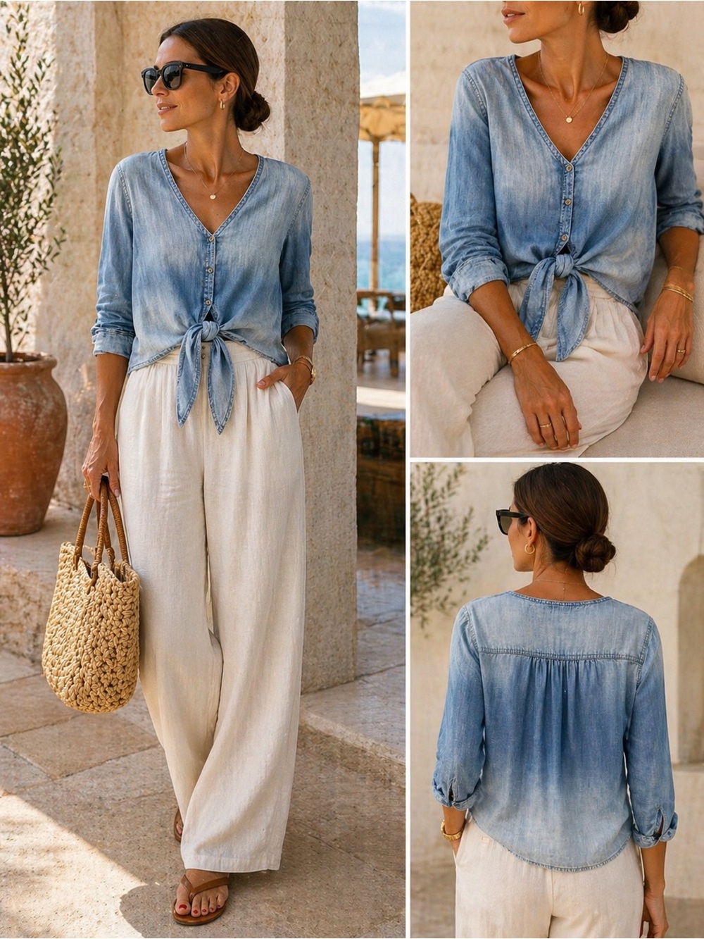 Bella Dahl Chambray Tie Front Top Size M | Soft Denim Blouse Casual Chic